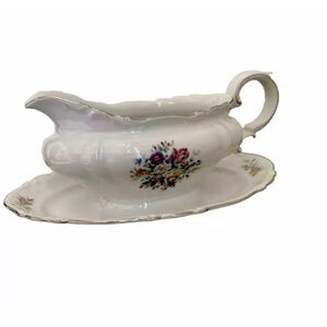 Crown Bavaria Gravy Boat With Attached Underplate Germany Silver Trim Bouquet